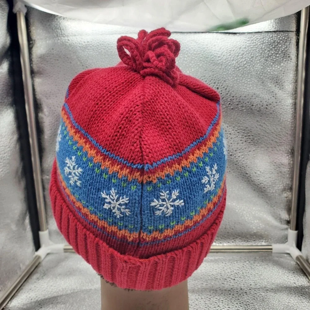 Talbots Kids Hat Beanie Knit Red Fair Isle Snowflake 100% Cotton Boys‎ One Size
